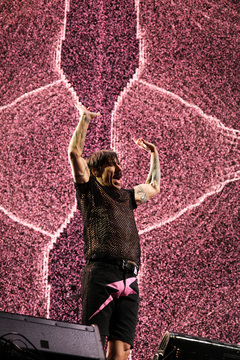 Vocalist Anthony Kiedis greets the large crowd in attendance as he takes to the stage. Unlike bassist Flea, Kiedis remained stationary for most of the concert, as he wore a boot on his left leg and a brace on his right knee. 