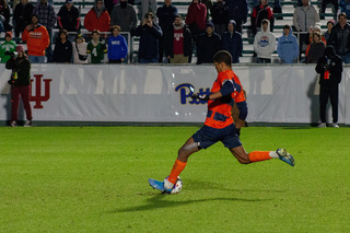 Amferny Sinclair takes the last penalty kick of the 2022 NCAA men’s College Cup. Sinclair’s kick broke the tie between the six penalty kicks that had been scored by both teams in overtime. 