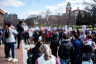 Graduate worker Aditya Srinivasan tells the crowd about SU’s subpar financial support in his move from India to Syracuse. “We have always been told by them what to do. Here is our chance to finally move from the obligation to saying yes to the right to say no,” Srinivasan said.