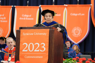 Donna Shalala, former United States Secretary of Health and Human Services, delivers the 2023 Commencement address. In her speech, she emphasized the individual impact each student can have on the world as long as they stay true to their voice. 