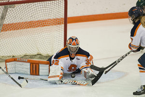 Kallie Billadeau sprawls onto the ice to make a save in SU's 2-1 loss to No. 3 Clarkson on Friday.