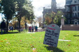 The New York Public Interest Research Group chapter at SU and SUNY-ESF placed multiple mock tombstones on campus to spread awareness on hydrofracking’s dangers and environmental risks.
