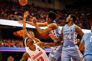 Syracuse center Paschal Chukwu picked in the wrong spot, and turned the ball over in the final few minutes of the game. 