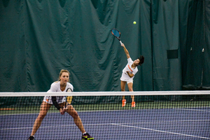 Miranda Ramirez and Gabriela Knutson, pictured earlier in the season, won their doubles match but SU dropped the doubles point on Friday.