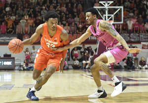 Elijah Hughes driving to the rim against Virginia Tech. 