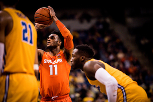 Oshae Brissett, pictured earlier this season against Pitt, shooting a free throw. He went 0-for-5 from the line on Tuesday night. 