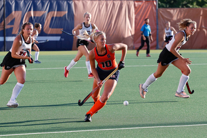 Freshman Charlotte De Vries takes the ball forward towards Lafayette's goal.