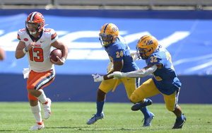 Syracuse quarterback Tommy DeVito was sacked seven times against Pittsburgh as the Orange lost 21-10.